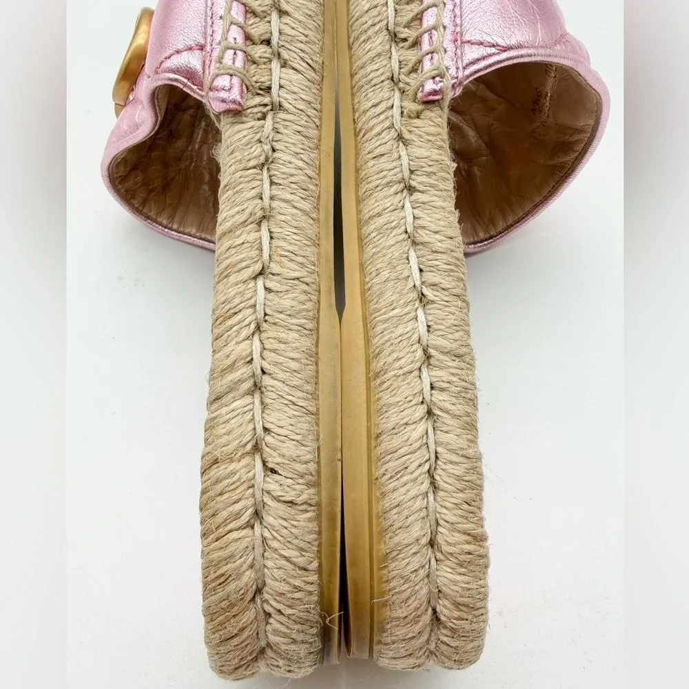 Gucci Pilar GG Marmont Metallic Rosa Leather Espadrille Slide Sandals EU 37 US 7